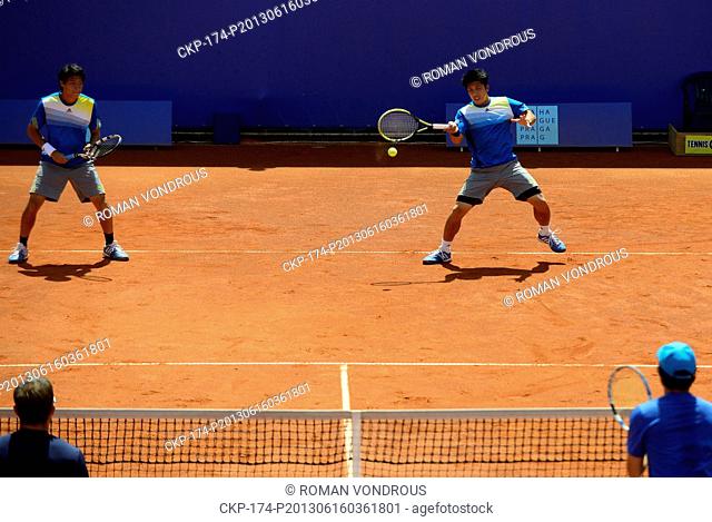 Lee Hsin-Han and Peng Hsien-Yin of Tai-wan (back) and Vahid Mirzadeh and Denis Zivkovic (front, USA) during Prague Open Challenger tennis match on June 16
