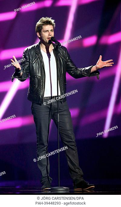 Singer Andrius Pojavis representing Lithuania performing during the dress rehearsal of the 1st Semi Final for the Eurovision Song Contest 2013 in Malmo, Sweden