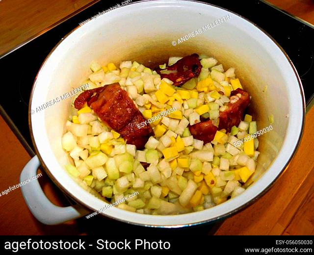 Hearty kohlrabi stew with smoked pork ribs