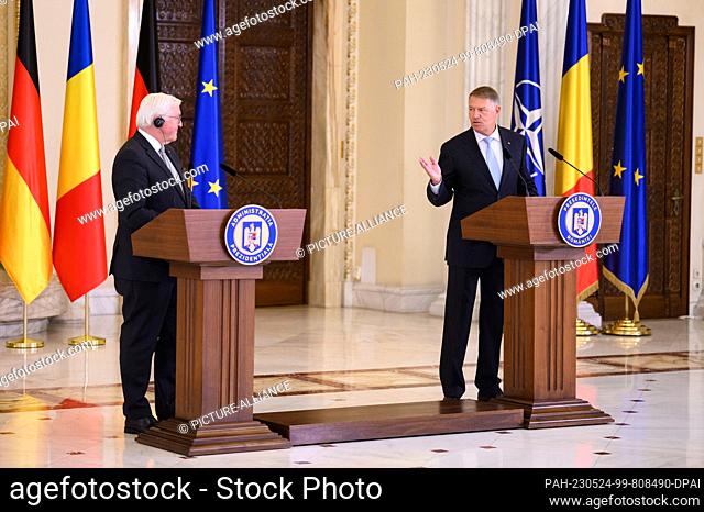 24 May 2023, Romania, Bukarest (bucure·ti): German President Frank-Walter Steinmeier (l) and Klaus Johannis, President of Romania