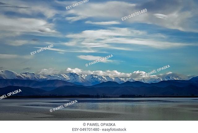 Stunning landscape views of Southern Alps and Lake Tekapo, Mackenzie Country, New Zealand