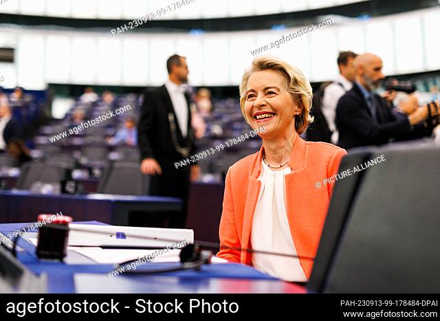 13 September 2023, France, Straßburg: Ursula von der Leyen (CDU, EPP Group), President of the European Commission, sits in the European Parliament building and...