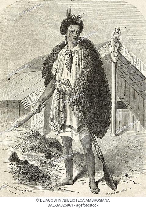 Matutaera, Maori king near Auckland, drawing by Emile Bayard (1837-1891), from Travel in New Zealand (1858-1860) by Ferdinand von Hochstetter (1829-1884)