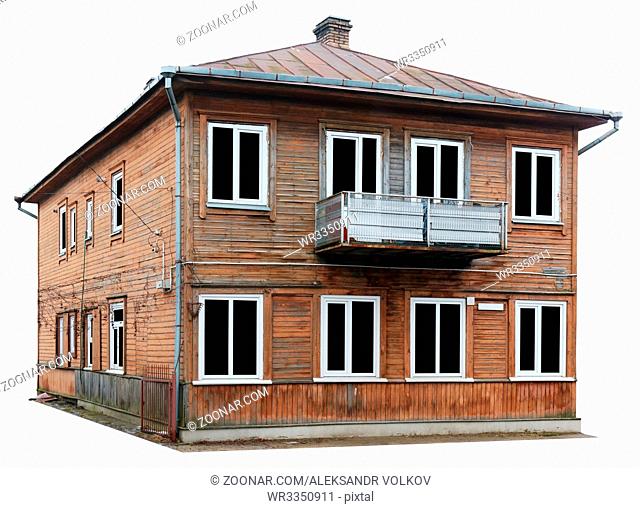 The destroyed old wooden house of mass building of the beginning of the twentieth century. Isolated on white. Windows glass isolated on black