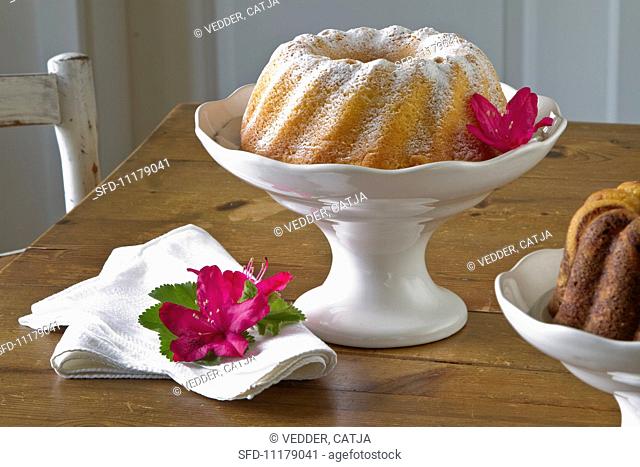 A plain cake dusted with icing sugar