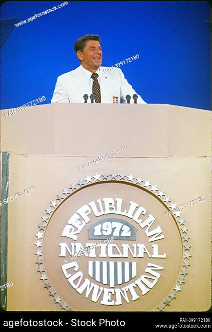 Governor Ronald Reagan (Republican of California) speaks at the 1972 Republican National Convention in Miami Beach, Florida, on its opening night, August 22