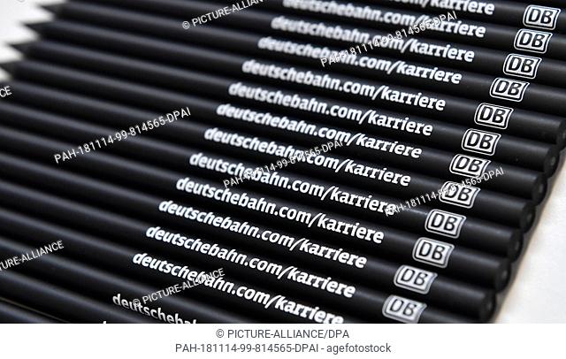 14 November 2018, Thuringia, Erfurt: Pencils with an advertising imprint by Deutsche Bahn (DB) are on display at the career orientation fair ""Forum...