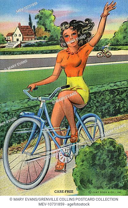 Care-Free. A sporting young brunette peddling through the countryside on he bicycle, waving to those who are lucky enough to witness her passing