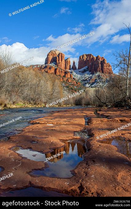 View of Cathedral Rock with snow from Red Rock Crossing (Oak Creek) near Sedona, Arizona, USA
