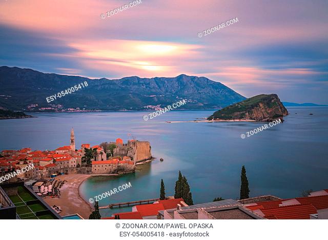 Panorama of the popular summer resort town Budva on the Adriatic coast in Montenegro