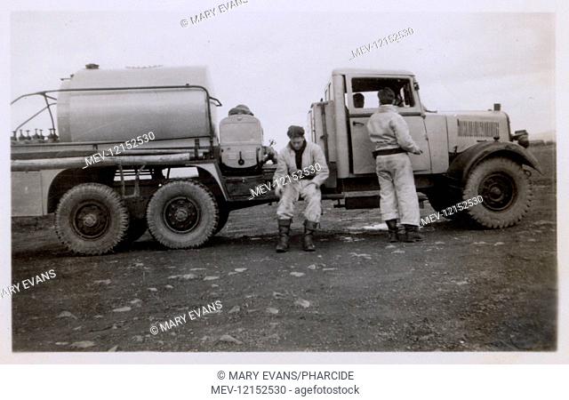 Aircraft refuelling truck at an airfield, possibly RNAS (Royal Naval Air Service) Eglinton, now Derry (Londonderry) City Airport, Northern Ireland