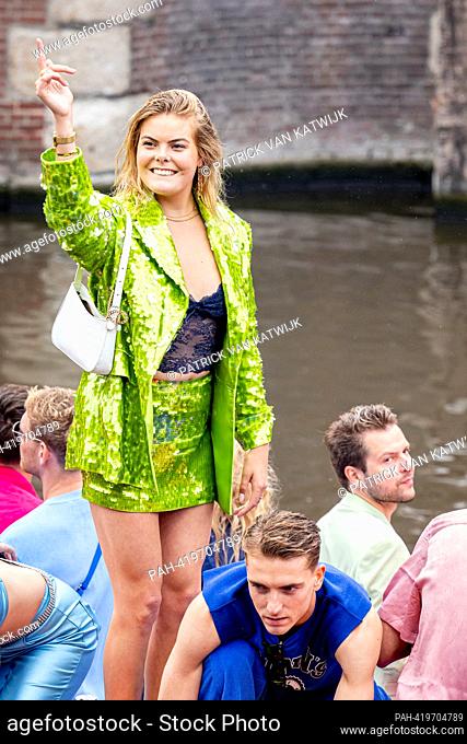 AMSTERDAM, NETHERLANDS - AUGUST 5: Countess Eloise van Oranje of The Netherlands at a boat during the Canal Pride Amsterdam on August 5, 2023 in Amsterdam