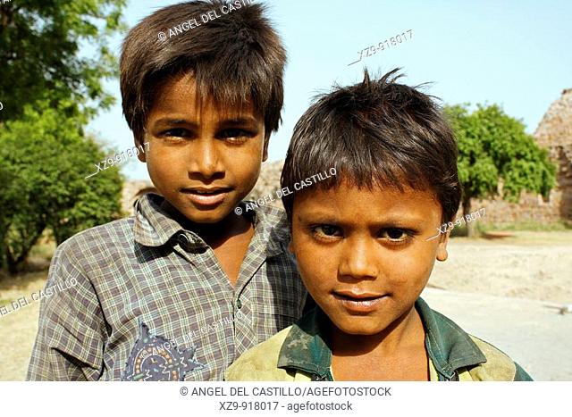 Portrait of two Indian boys inside Purana Qila, the Old Fortress of Delhi
