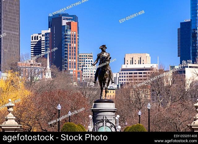 George Washington Statue sculpture monument in Boston Common Park between in Boston downtown crossing and Boston back bay district in Massachusetts of New...