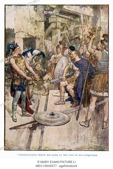 The gallic patriot Vercingetorix surrenders to Julius Caesar, but he is taken in chains to Rome, imprisoned for 6 years and then beheaded
