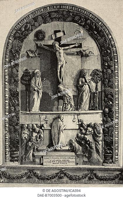 The miracle of Bolsena, ceramic altarpiece by Benedetto Buglioni (1459-1521), Santa Cristina Basilica, Bolsena, Italy, engraving after a photo