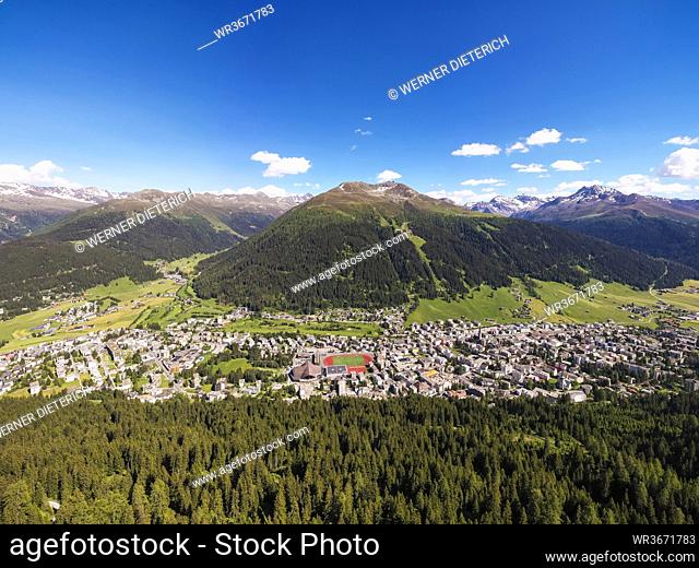 Switzerland, Canton of Grisons, Davos, Aerial view of alpine town in summer