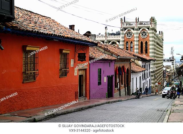 Bogota, Colombia - January 27, 2017: Looking down one of the streets in the La Candelaria district in the capital city of Bogota in the South American country...