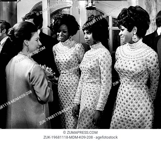 Nov. 18, 1968 - Detroit, MI, U.S. - The Supremes, FLORENCE BALLARD, MARY WILSON, and DIANA ROSS, meet PRINCESS MARGARET after The Royal Variety Performance at...