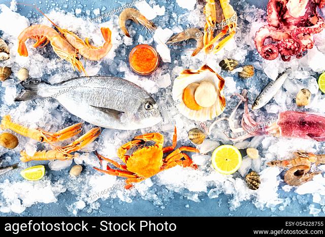 Fish and seafood variety, a flat lay top shot. Sea bream, scallop, shrimps and prawns, crab, sardines, squid, octopus and other fresh products on ice