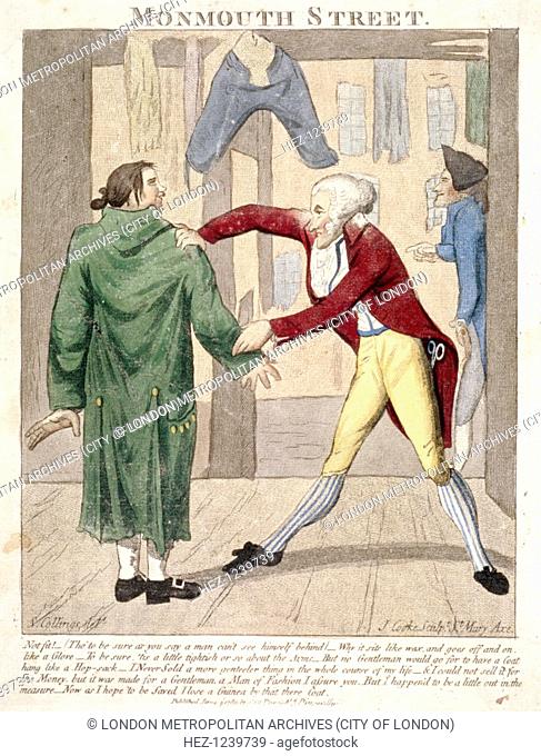 'Monmouth Street. Not fit! ..', London, 1789. A tailor is fitting a man with an overcoat. Other items of clothing are hanging in the shop