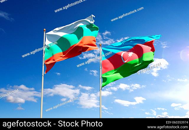 Beautiful national state flags of Azerbaijan and Bulgaria together at the sky background. 3D artwork concept