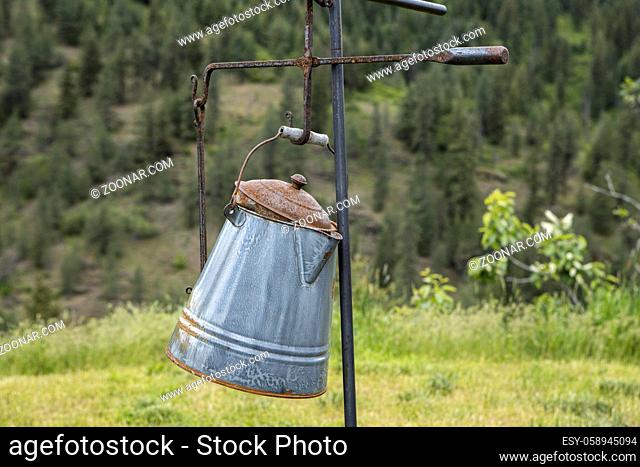 An old fashioned campfire pot as a display near Coeur d'Alene, Idaho