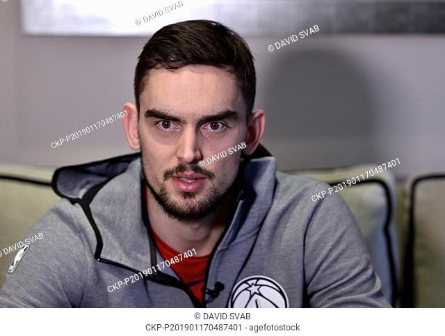 Czech basketball player Tomas Satoransky speaks with journalists during the press conference in hotel InterContinental in Lodon, England, January 16, 2019