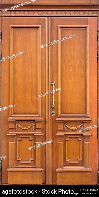 Old wooden door with brass handle and carved decorations
