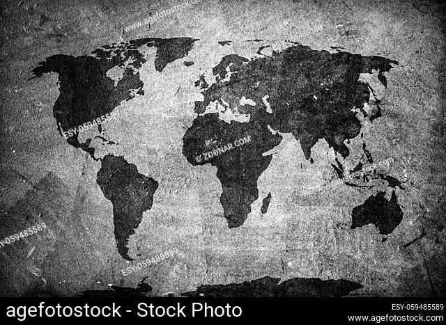 Retro world map on concrete, plaster wall. Vintage, grunge background. Black and white
