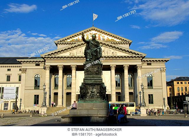 Monument of King Joseph Maximilian II of Bavaria made of bronze, opera building, National Theatre, Bavarian State Opera, Max-Joseph-Platz square, downtown