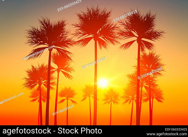 An illustration of a palm trees sunset sky