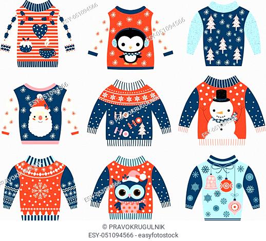 Winter and Christmas vector ugly and cute sweaters in flat style in blue and red colors with owl