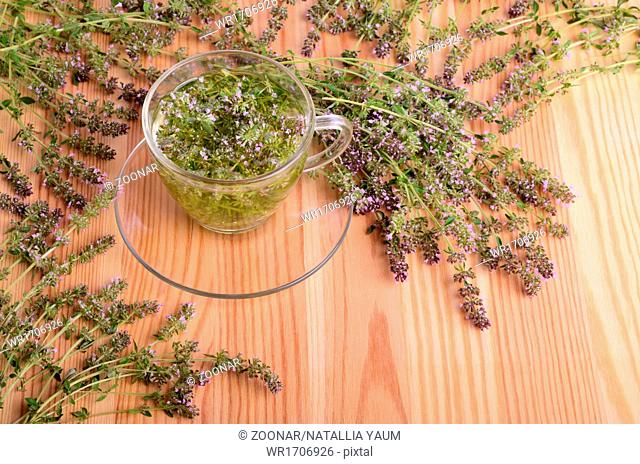 Thyme and tea in cup