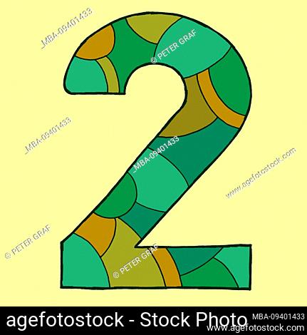 Number two, drawn as a vector illustration, in green-yellow shades on a light green background in pop art style