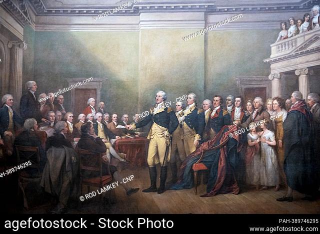 A painting entitled €œGeneral George Washington Resigning His Commission€ in the US Capitol Rotunda. 19 people in this painting have been identified as having...