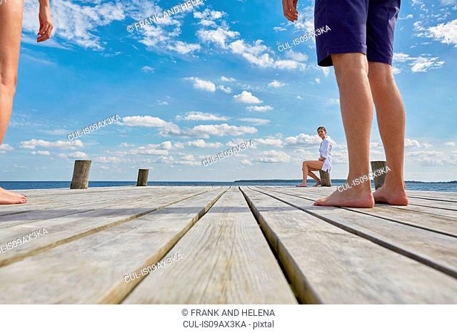 Young woman sitting on post on wooden pier, looking at friends standing further away