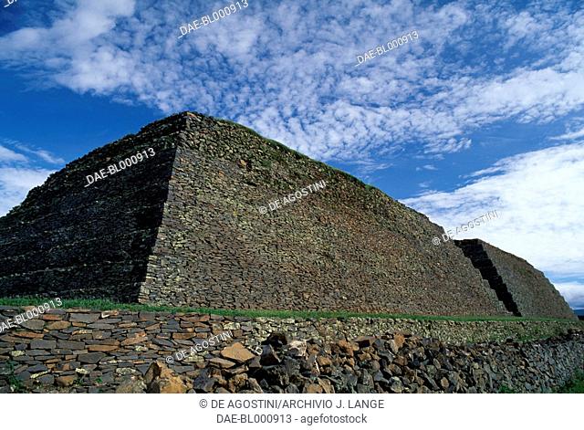 View of yacata pyramids, ancient city of Ihuatzio, near Patzcuaro, Michoacan, Mexico. Taraschi civilisation, 14th-16th century