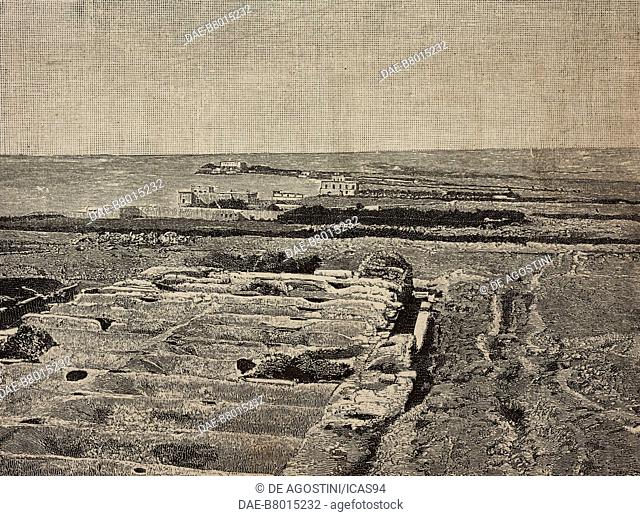 View of the cisterns and ancient ports of Carthage, Tunisia, engraving from a photograph by Catalanotti, from L'Illustrazione Italiana, No 29, July 20, 1890