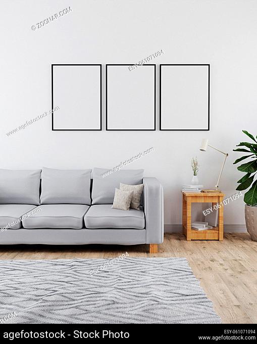 Three poster frames mockup in modern and minimalist interior of living room with sofa, white wall and wooden floor with grey carpet, modern interior background