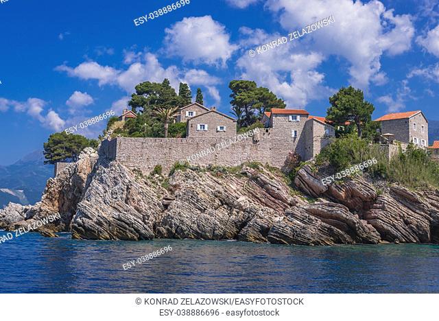 Buildings of Sveti Stefan islet and five star Aman Sveti Stefan hotel resort on the Adriatic coast of Montenegro