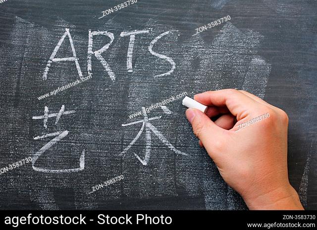 Arts - word written on a smudged blackboard with a Chinese translation, with a hand holding chalk