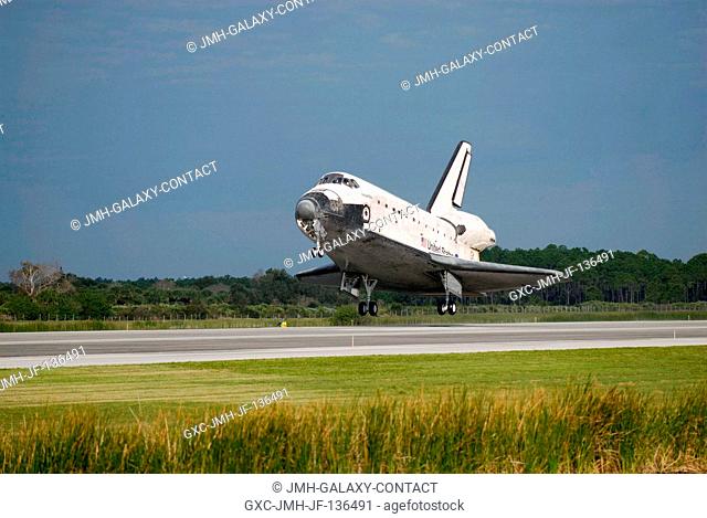 Space Shuttle Atlantis approaches landing on runway 15 of the Shuttle Landing Facility at NASA's Kennedy Space Center, concluding the 13-day STS-122 mission