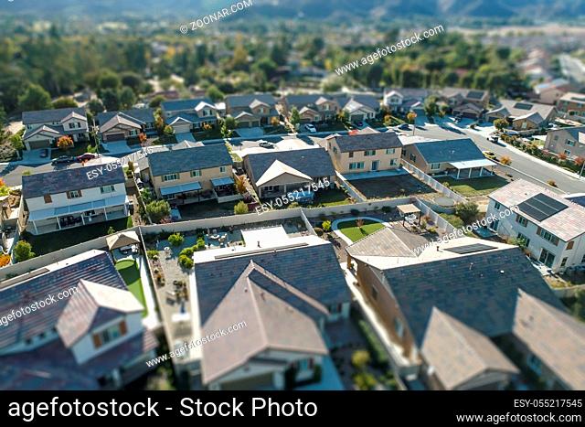 Aerial View of Populated Neigborhood Of Houses With Tilt-Shift Blur