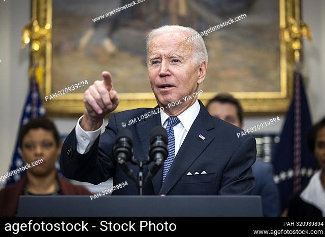 United States President Joe Biden speaks on his administration’s attempts to bring down the deficit in the Roosevelt Room of the White House in Washington, DC
