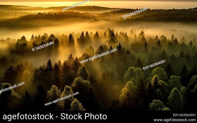 The first light of the day illuminates the North German forest, casting a warm and ethereal glow on the lush green canopy