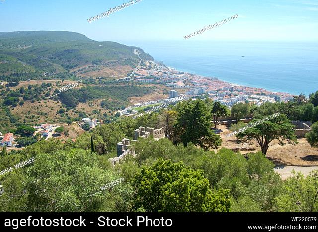 View down from the Moorish caste above Sesimbra towards the Portuguese coastal town