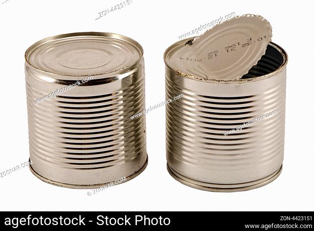 pair of open used silver metal cans isolated on white background