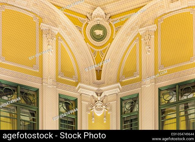 Ceiling of the dome of the Marunouchi North exit of the Tôkyô station in Japan. On the lower octogon are represented eight signs of the zodiac with the...