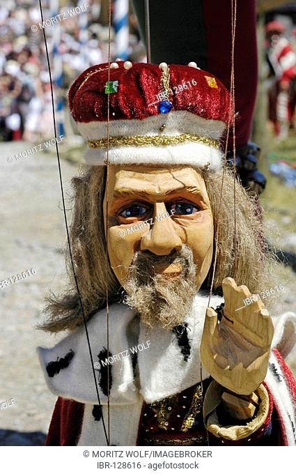 Marionette king is waving , knight festival Kaltenberger Ritterspiele, Kaltenberg, Upper Bavaria, Germany